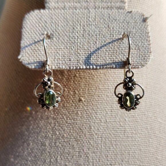 Jewelry - Oval Peridot Earrings - Floral Design - 925 Sterling Silver